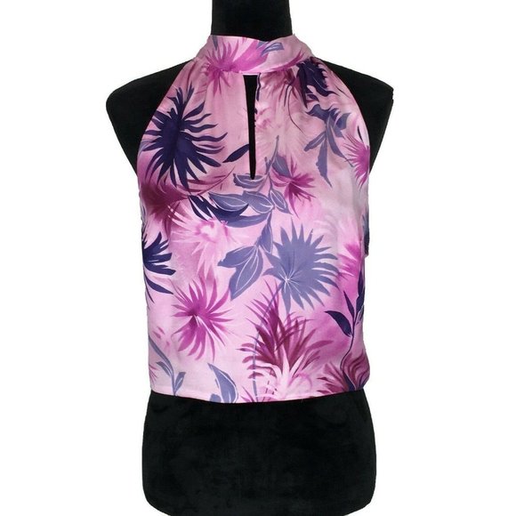 NEW Juliana Collezione 8 Silk Crop Top Pink Purple Tropical Forest Bow Tie Mock - Picture 1 of 7